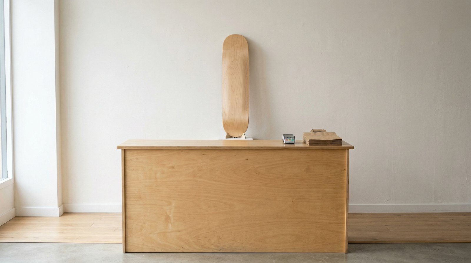Retail counter with skateboard deck in frame