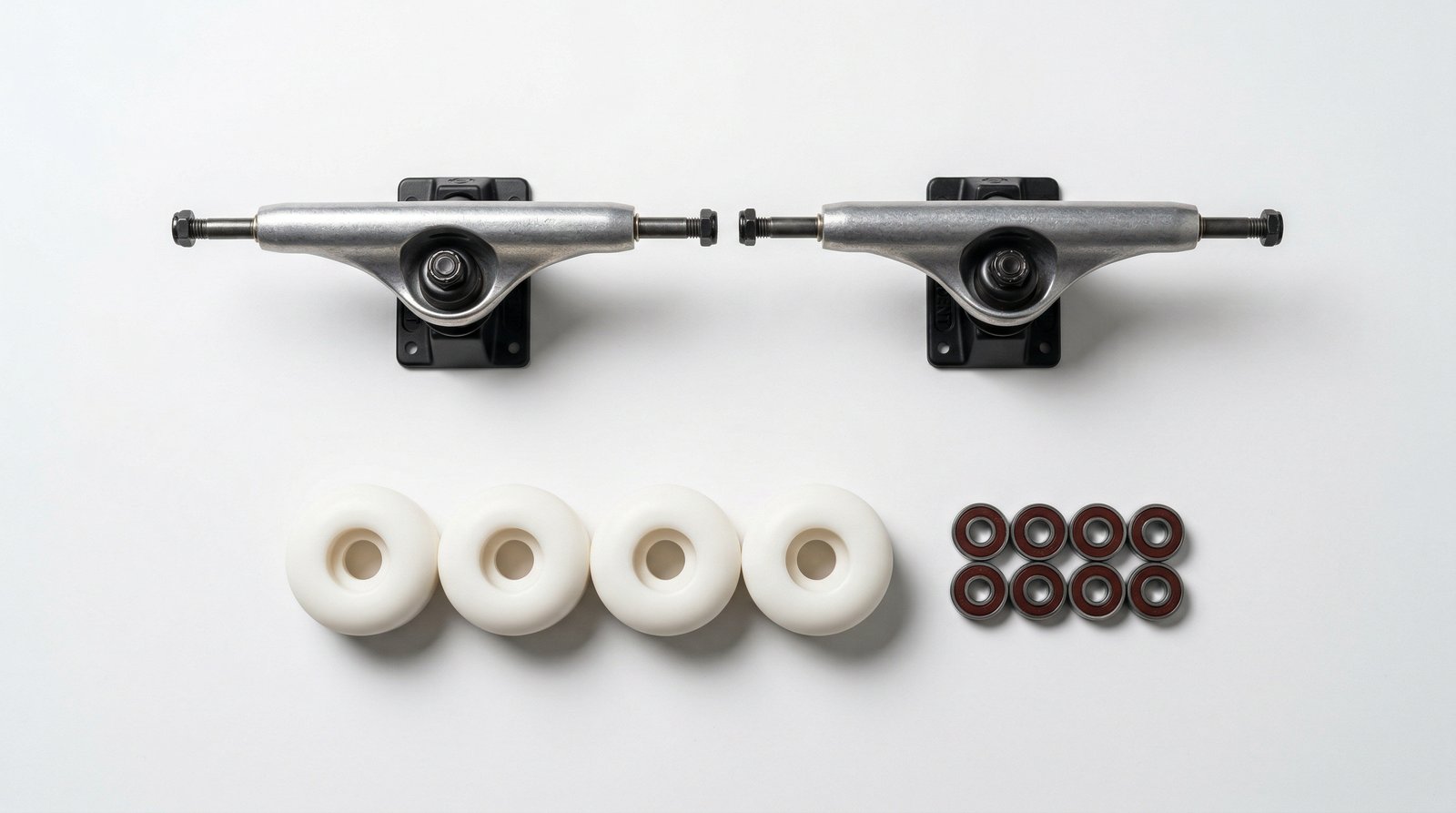 Skateboard trucks and wheels flat lay